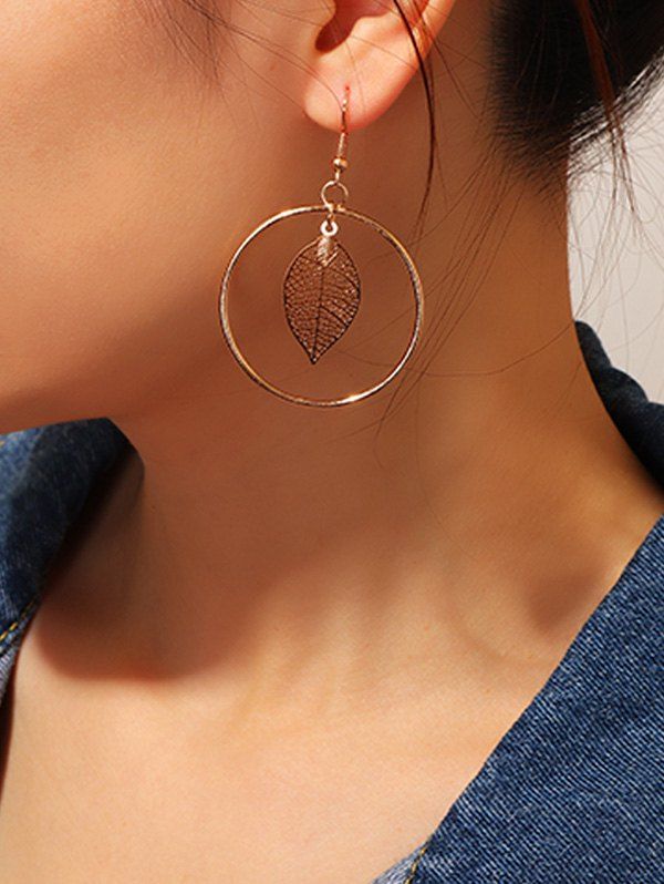 

Circle Hollow Leaf Drop Earrings, Gold