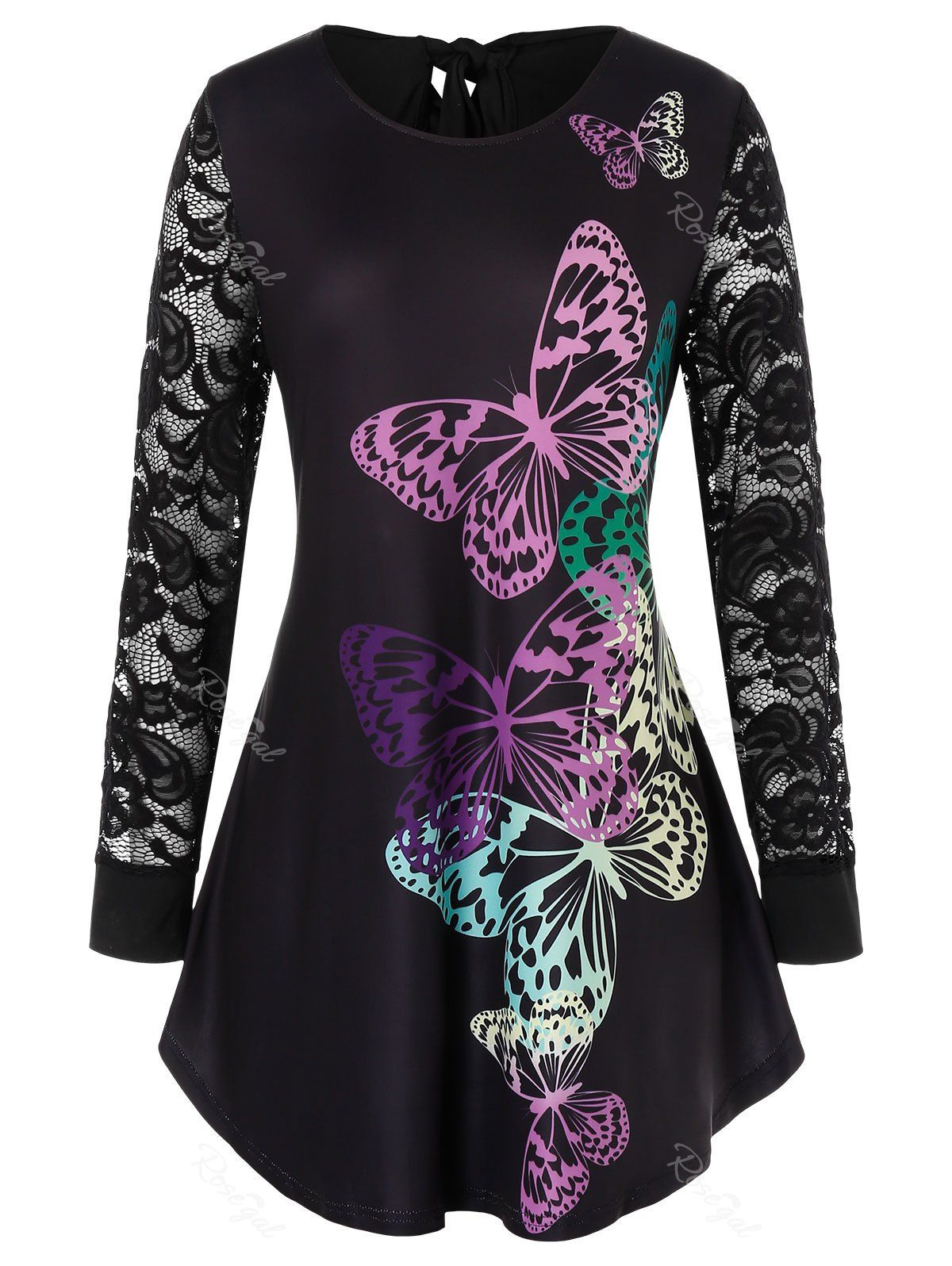 

Plus Size Butterfly Lace Panel Long Sleeve Tunic Tee, Black