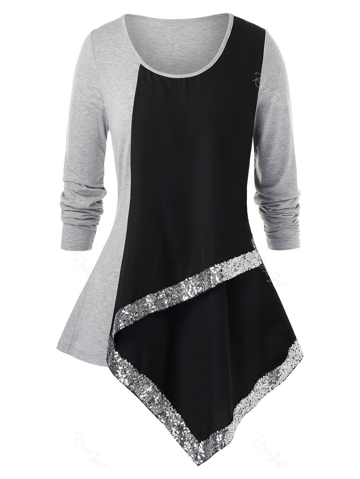

Plus Size Asymmetrical Sequin Color Block T Shirt, Black