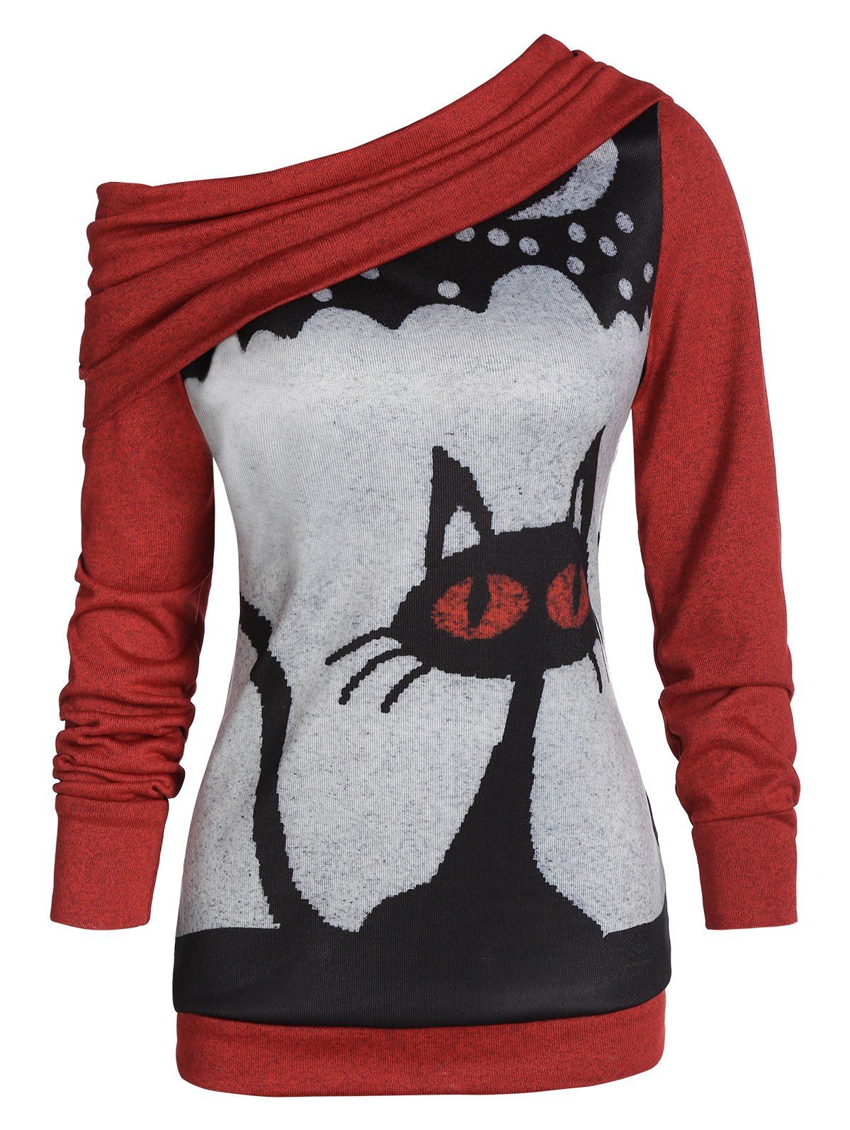 

Skew Neck Convertible Cat Print Halloween Sweater, Black