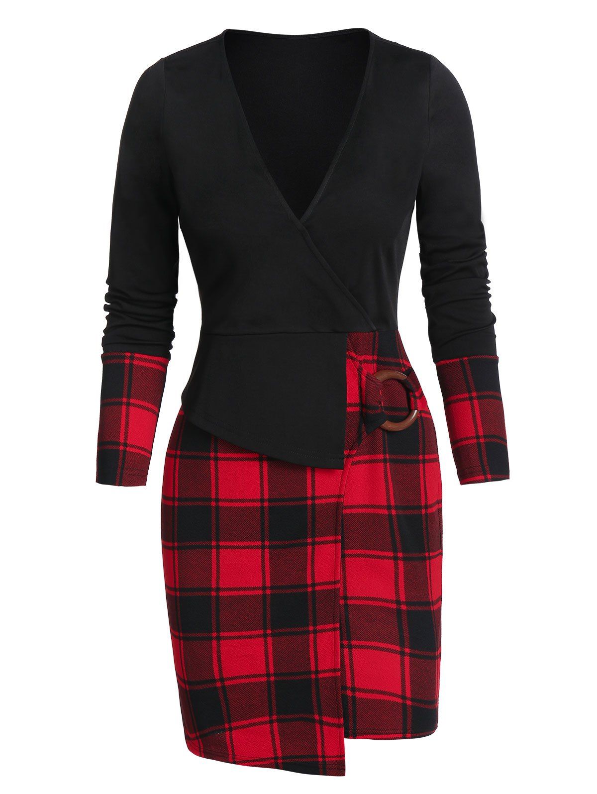 

Asymmetric Plaid Print O-ring Surplice Sheath Dress, Black