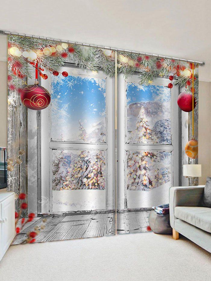 

2 Panels Christmas Balls Tree Window Print Window Curtains, Multi