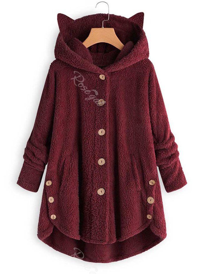 

Plus Size Hooded High Low Plush Coat, Red wine