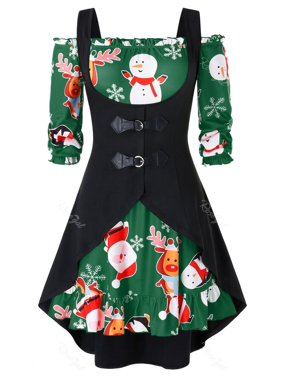 

Plus Size Christmas Off Shoulder Printed Dress And Buckle Top Set, Deep green