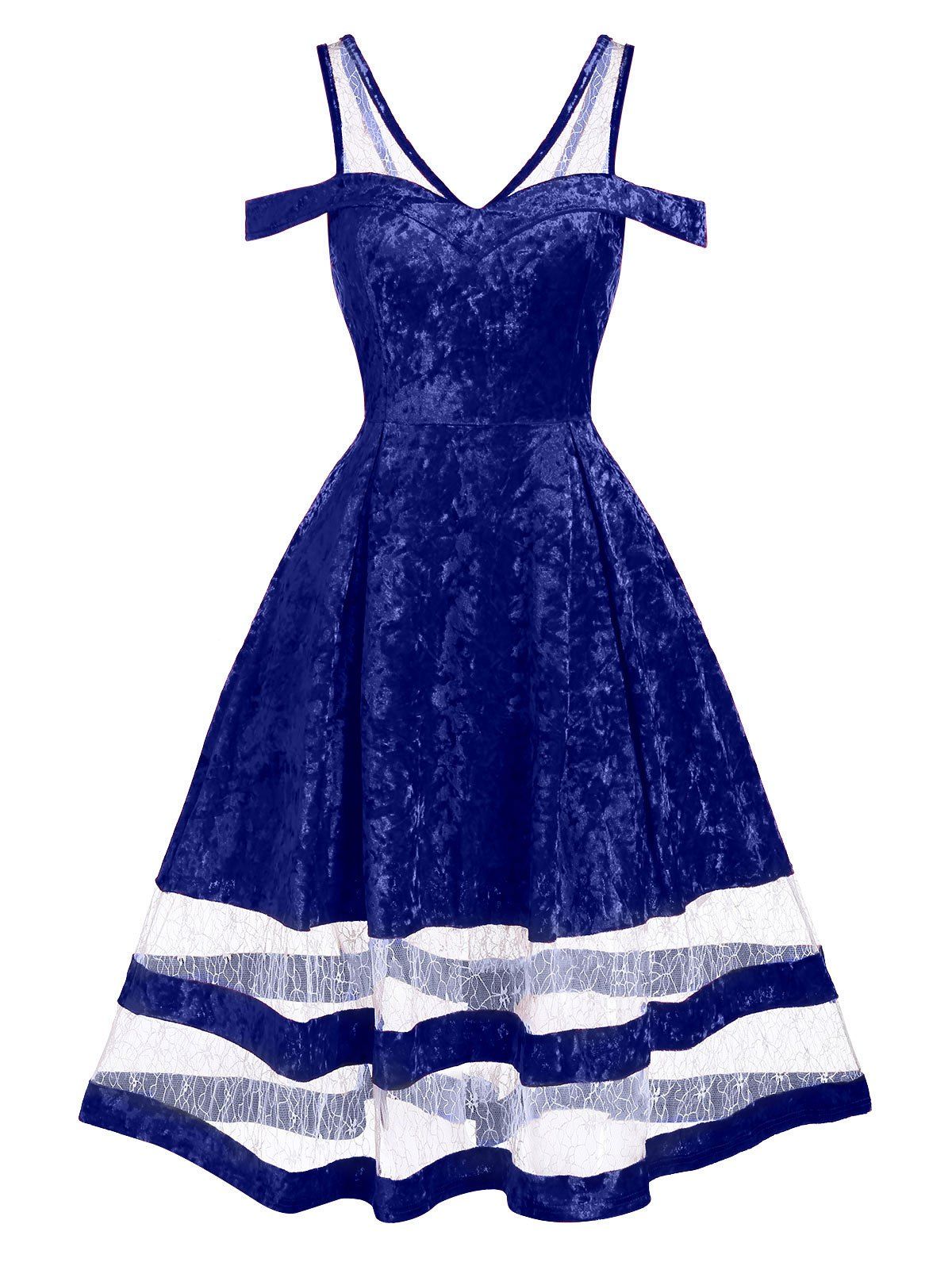 

Christmas Lace Insert Cold Shoulder Velvet Flare Dress, Cadetblue