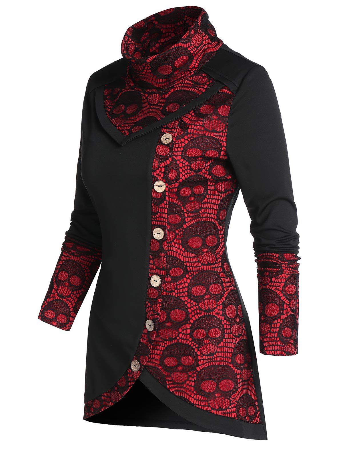 

Halloween Skull Lace Insert Turtleneck Mock Button Sweatshirt, Red