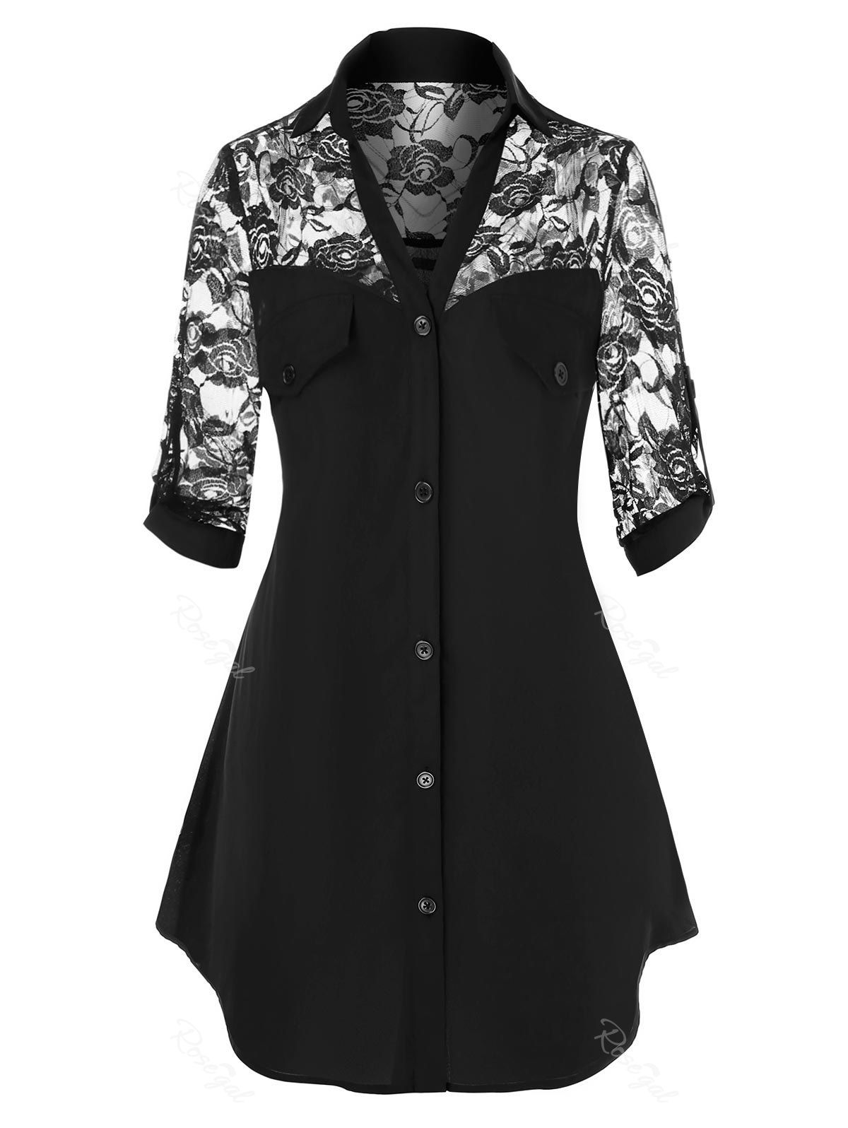 

Plus Size Sheer Lace Roll Up Sleeve Shirt, Black