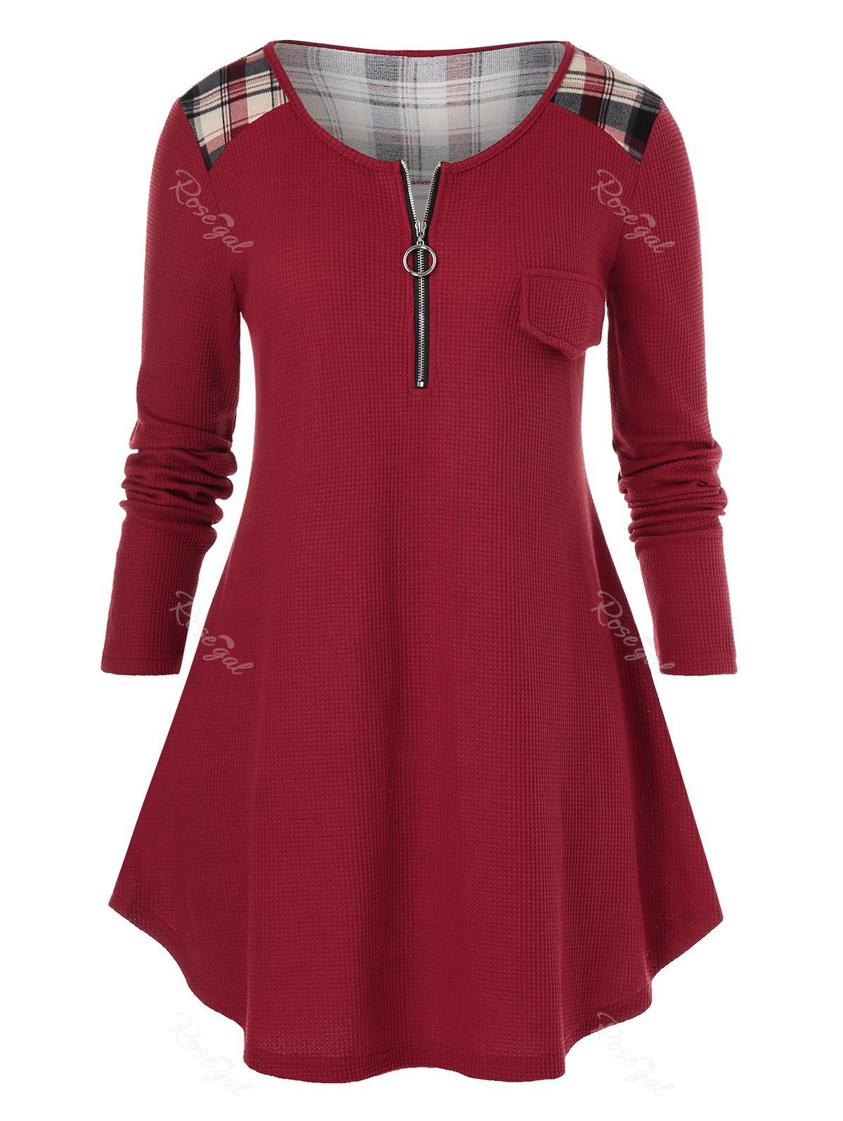 Plus Size Plaid Panel Zip Front Lace Up Curved Tunic Tee, Red