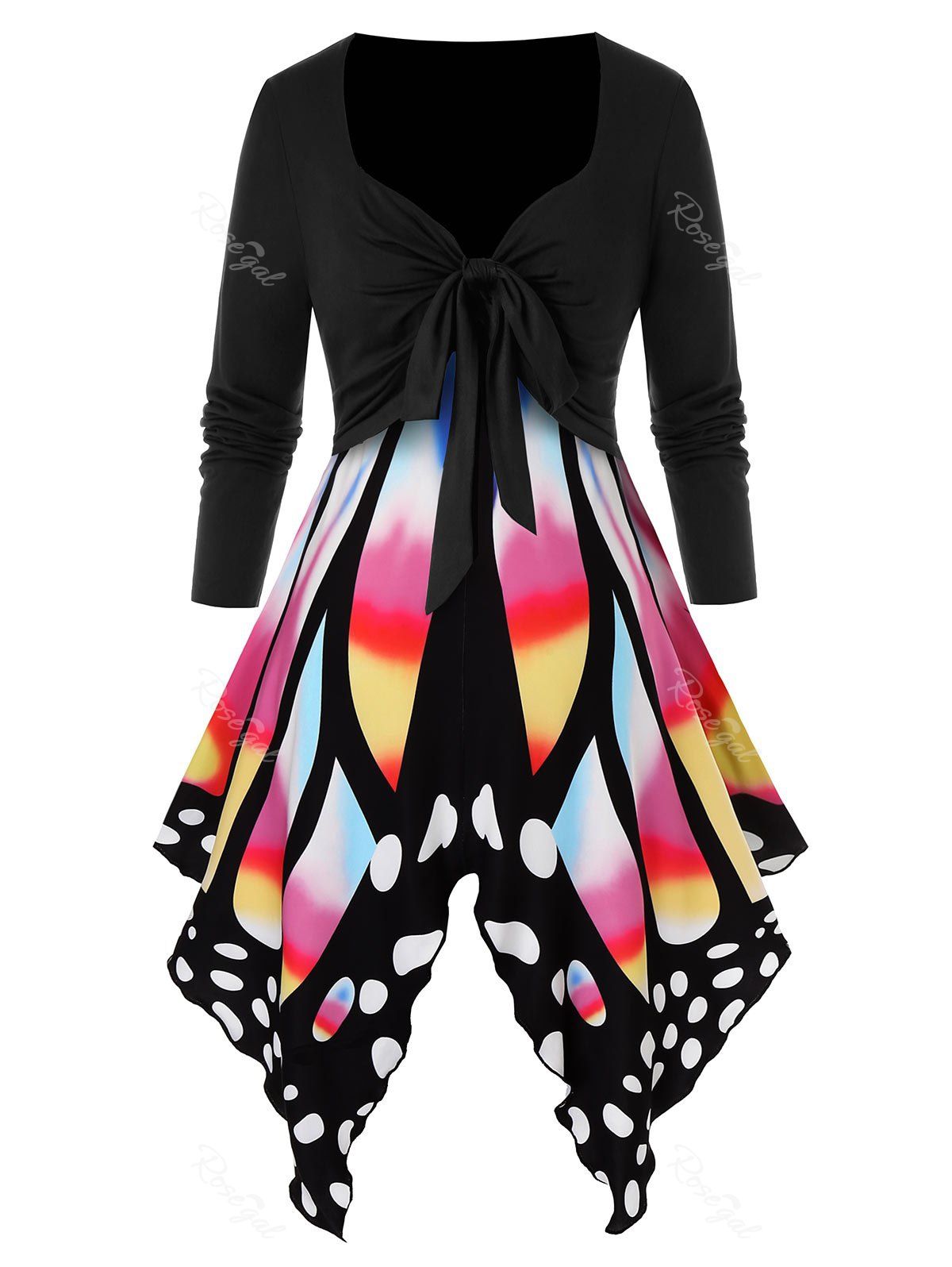 

Plus Size Butterfly Print Asymmetrical Knotted Sweetheart Neck Tee, Multi
