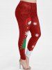 Legging de Noël 3D Bonhomme de Neige et Flocon de Neige Imprimés Grande Taille - Rouge Lave L