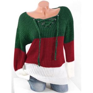 

Plus Size Lace Up Hit Color Chunky Sweater, Dark green