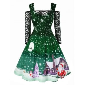 

Plus Size Christmas Snowflake Print Vintage Dress with Off The Shoulder T Shirt, Medium sea green