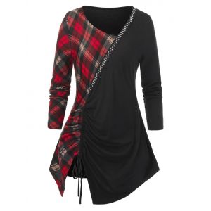 

Plus Size Studded Plaid Cinched Skew Collar Tunic Tee, Black