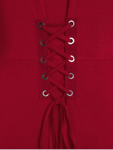 

Plus Size Contrast Tunic Lace Up Sweetheart Collar T Shirt, Rosso red