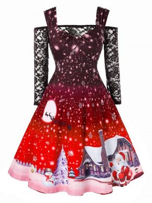 Plus Size Christmas Snowflake Print Vintage Dress with Off The Shoulder T Shirt