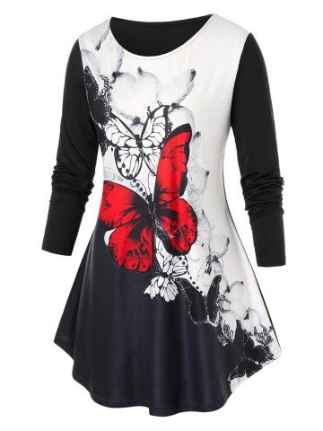 

Plus Size Butterfly Print Curved Tunic Tee, Multi