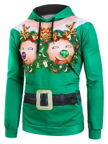Elk Navidad divertida de impresión del lazo del bolsillo canguro con capucha - GREEN - XL