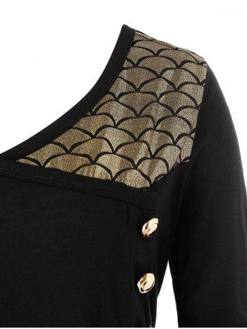 

Plus Size Buttons Mermaid Scale Print T Shirt, Black