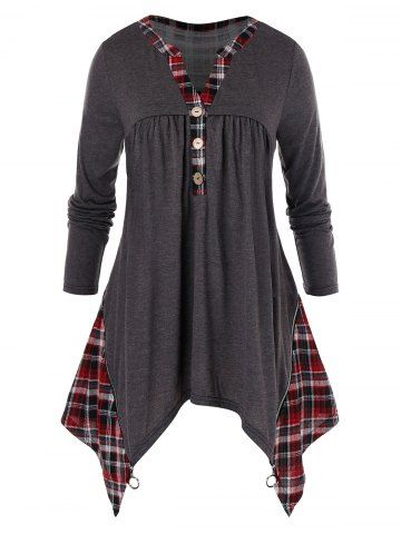 

Plus Size Asymmetrical Plaid Panel Half Placket Tunic Tee, Dark gray