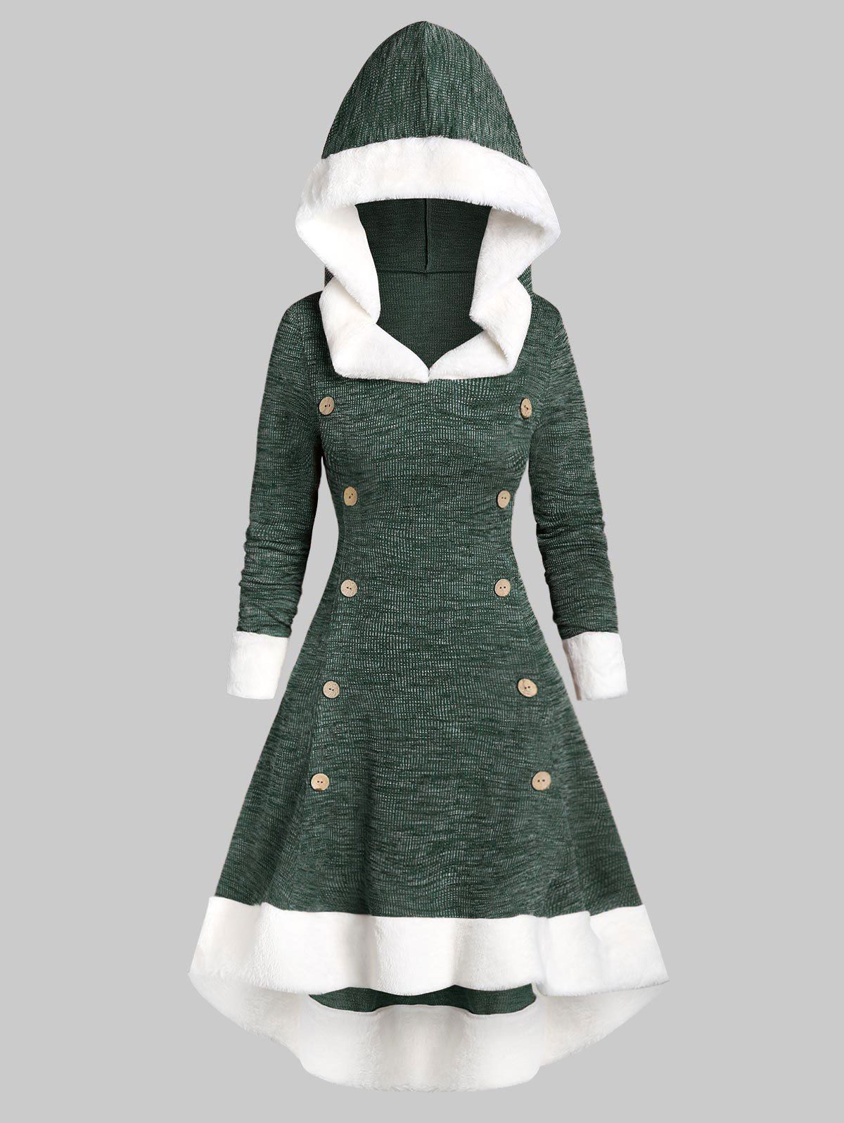 

Faux Fur Insert Mock Button Hooded High Low Midi Dress, Deep green
