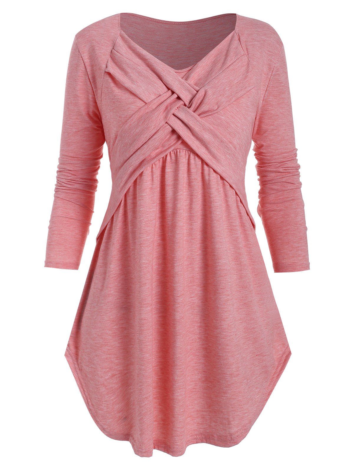 

Heathered Curved Hem Crossover T-shirt, Flamingo pink