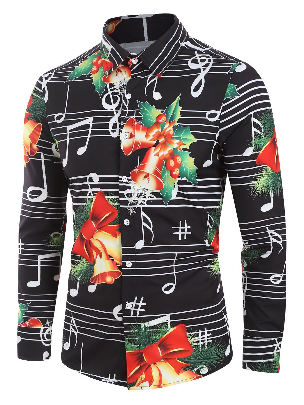 Chemise Boutonnée Clochette de Noël et Note de Musique Imprimées Noir XL