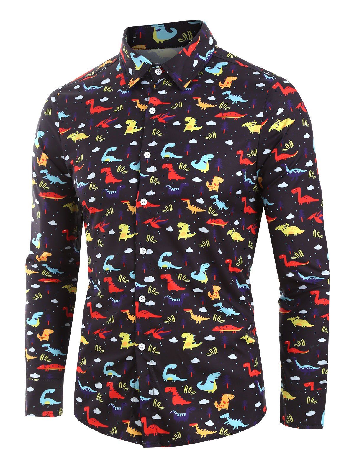 

Cartoon Dinosaurs Print Long Sleeve Button Up Casual Shirt, Black