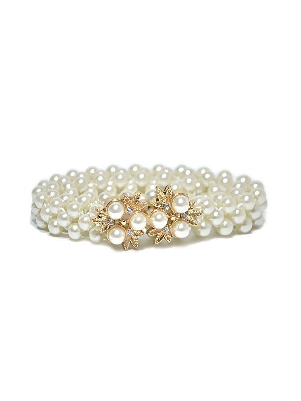 

Leaf Faux Pearl Beaded Elastic Dress Belt, Crystal cream