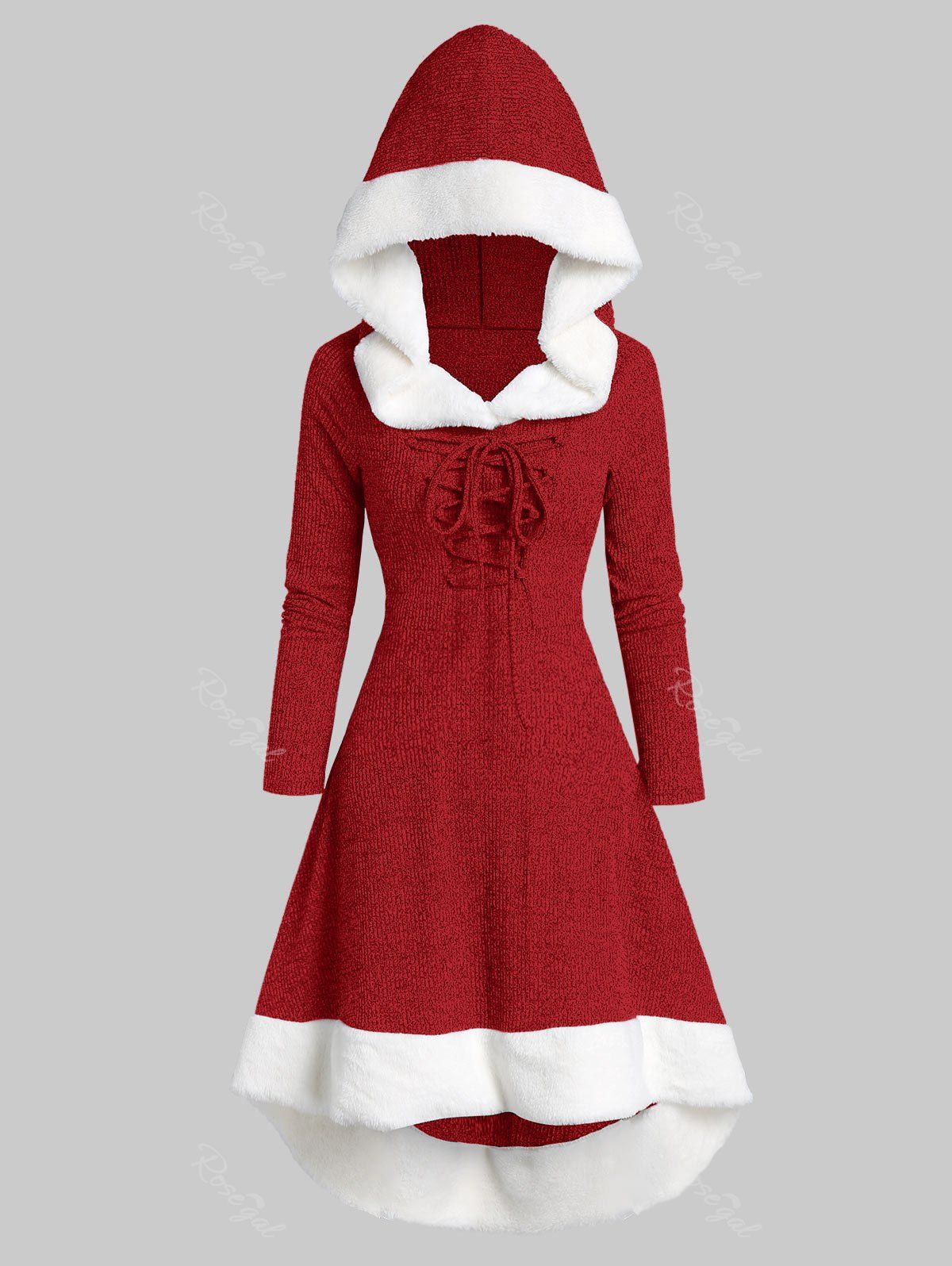 

Plus Size Lace Up Faux Fur Hooded Marled Knit Asymmetric Dress, Lava red