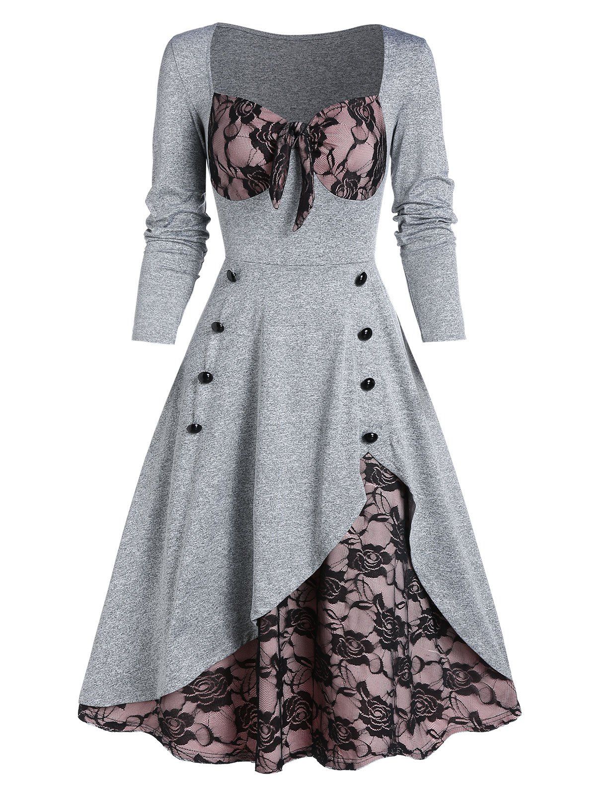 

Flower Lace Insert Mock Button Long Sleeve Vintage Dress, Gray