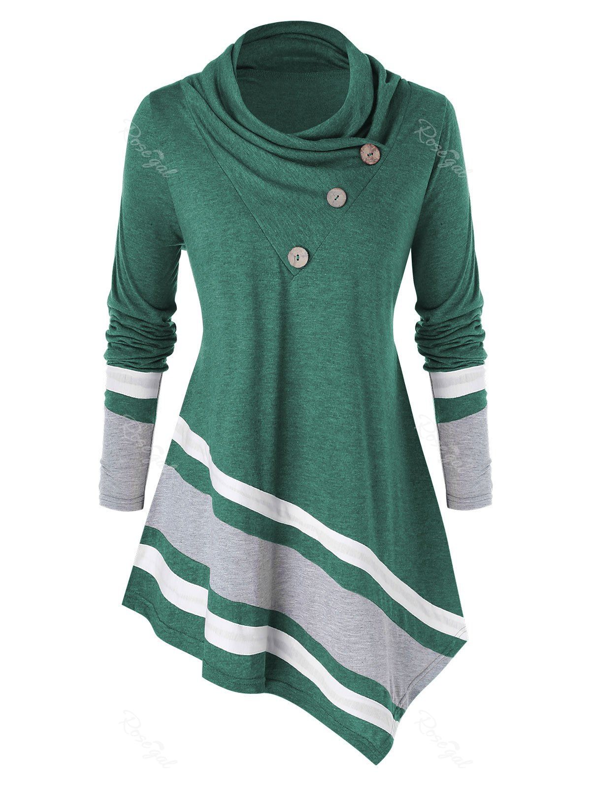 

Plus Size Cowl Neck Contrast Trim Asymmetric T-shirt, Deep green