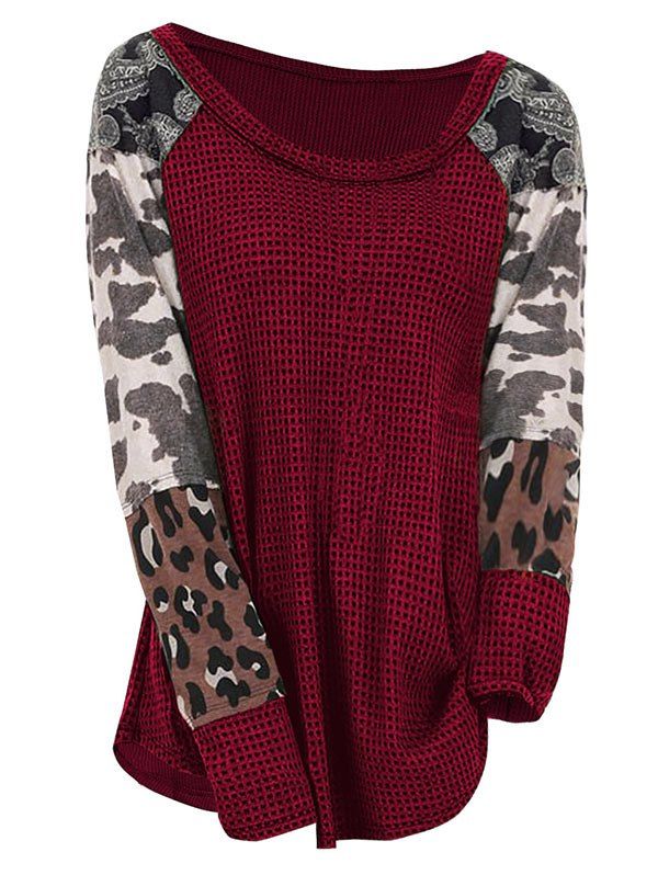 

Plus Size Raglan Sleeve Leopard Print Knitwear, Red wine