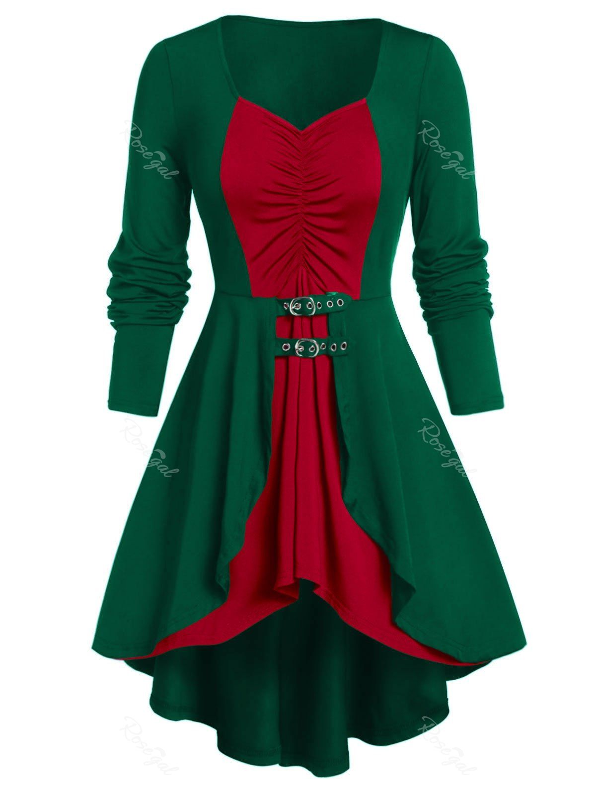 

Plus Size Contrast Tunic Lace Up Sweetheart Collar T Shirt, Deep green