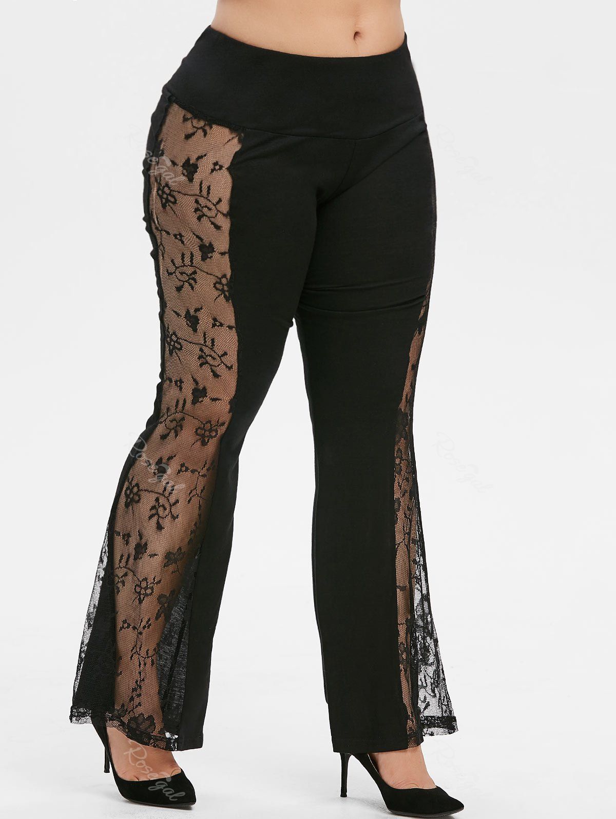 

Mid Rise Lace Panel Flare Plus Size Pants, Black