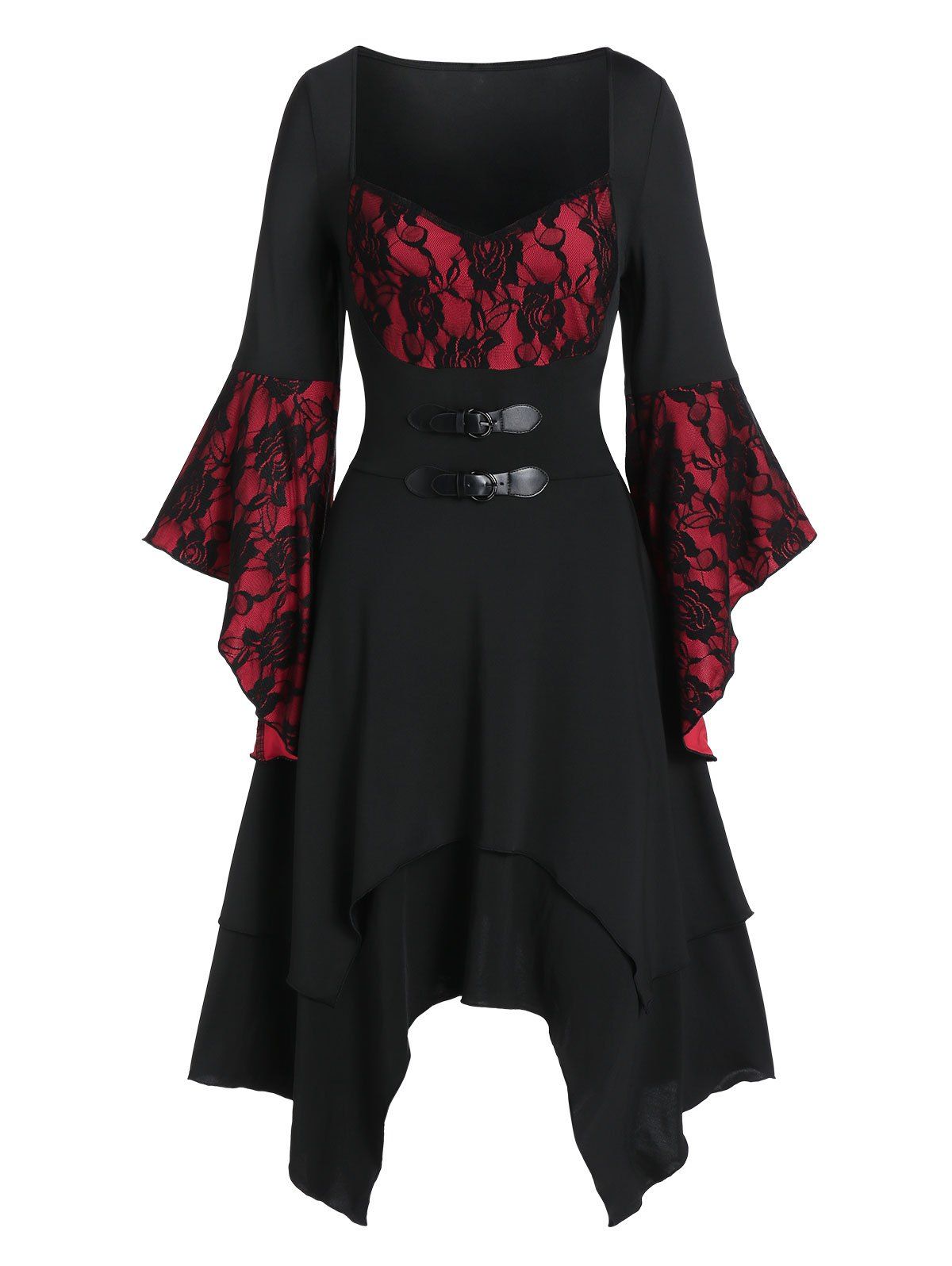 

Flare Sleeve Sweetheart Collar Handkerchief Dress, Black