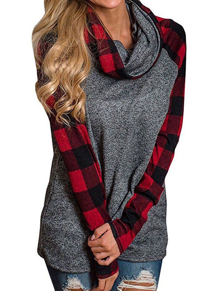 

Plaid Panel Heathered Raglan Sleeves Top, Red wine