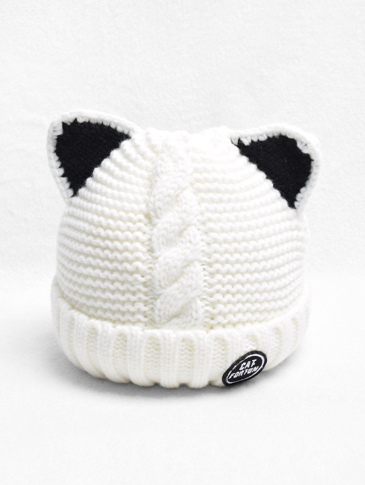 

Braid Cat Ear Turn Up Edge Fleece Knitted Hat, Milk white