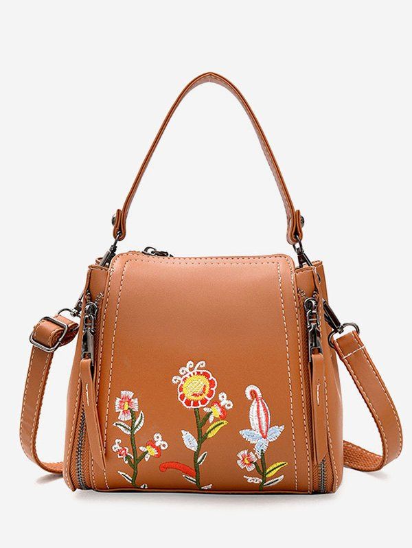 

Embroidered Flower Solid Shoulder Bag, Brown