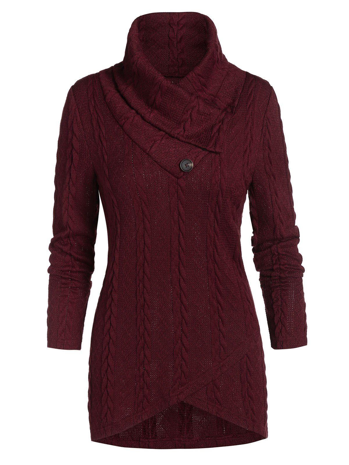 

Button Embellished Cable Knit High Low Sweater, Firebrick