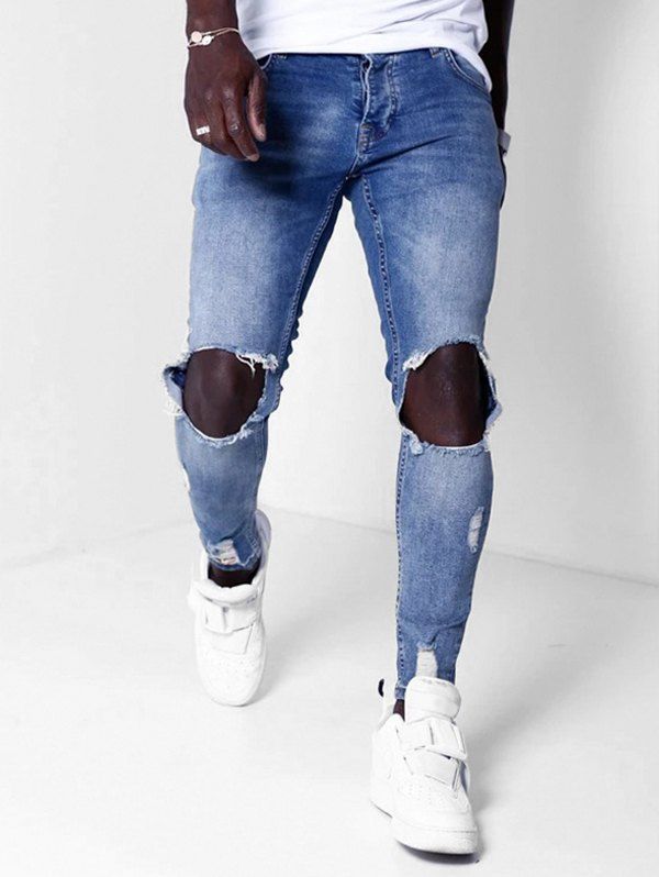 

Destroyed Hole Zip Fly Casual Jeans, Denim blue
