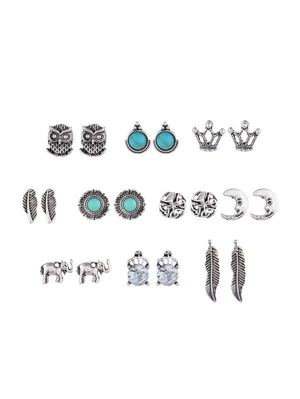 

Faux Turquoise Owl Elephant Earring Set, Silver