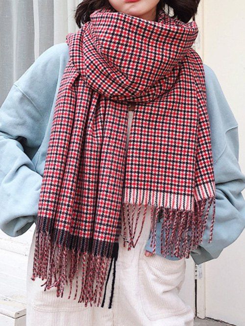 

Houndstooth Tassel Long Wrap Scarf, Rose red