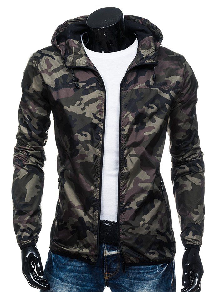 

Camouflage Print Zip Up Hooded Windbreaker Jacket, Army green