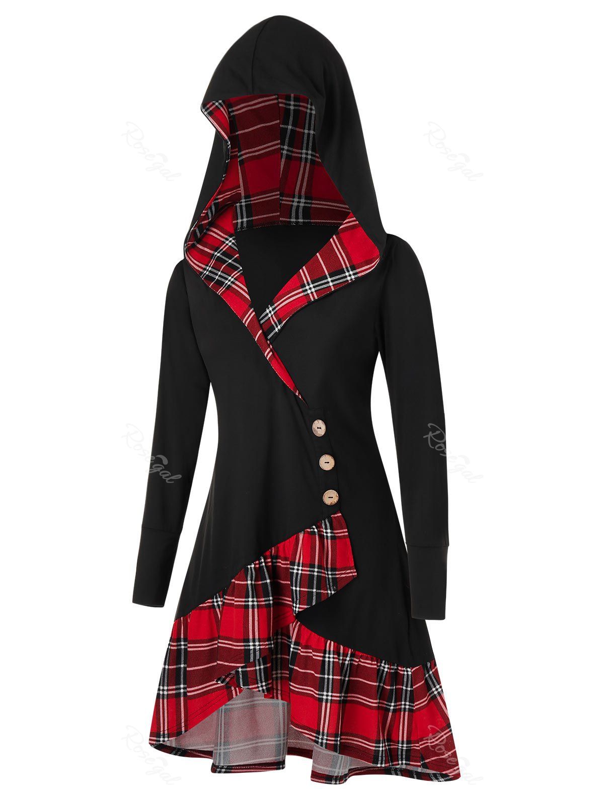 

Plus Size Plaid Hooded Flounce Tulip Hem Tunic Top, Multi