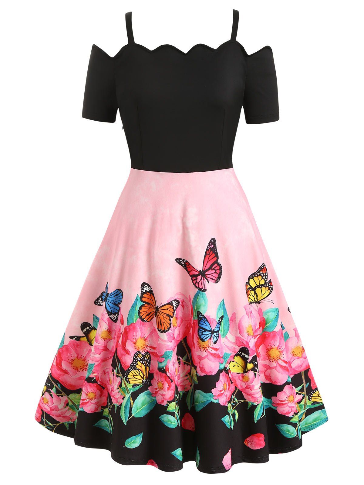

Plus Size Vintage Scalloped Butterfly Floral Print Dress, Black