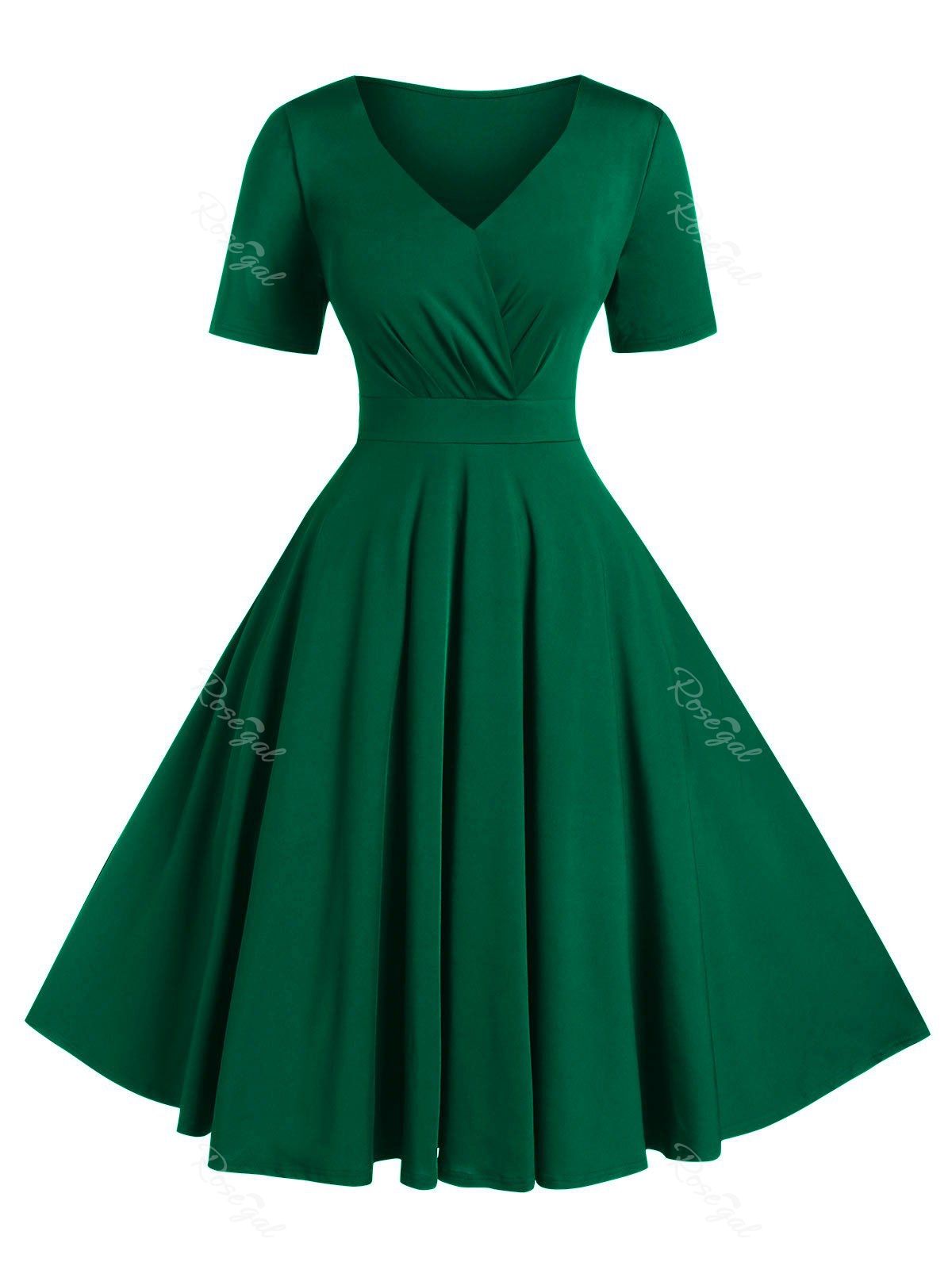 

Plus Size A Line Solid V Neck Vintage Dress, Medium sea green