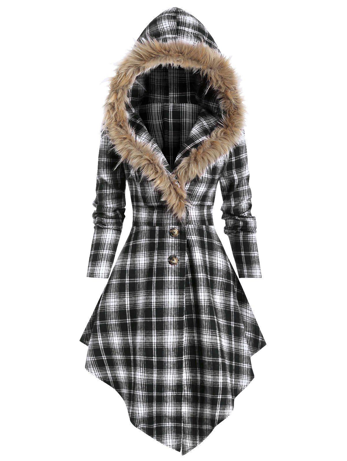 

Plaid Print Lace-up Skirted Coat with Faux Fur Hood, Black