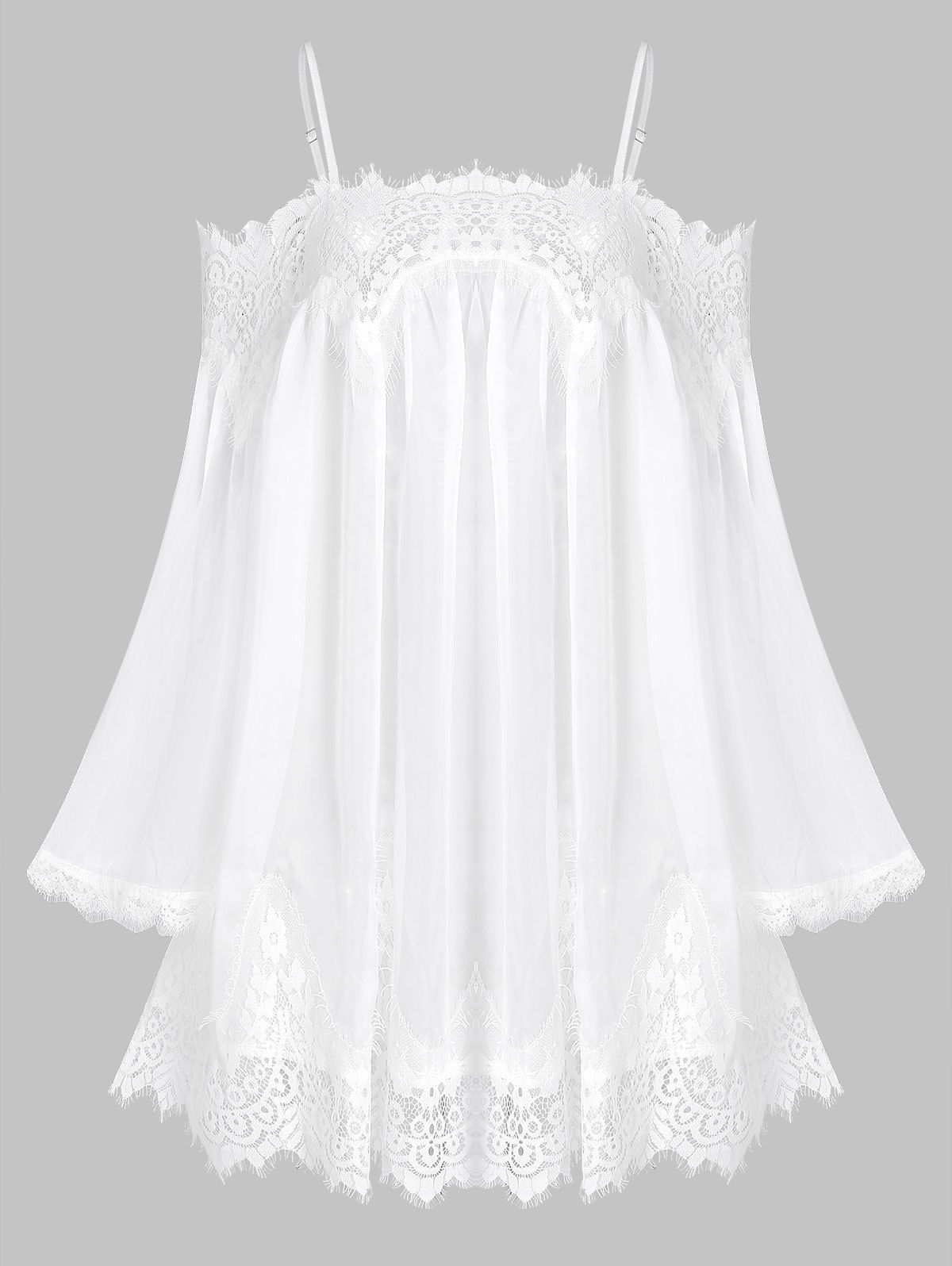 

Lace Insert Open Shoulder See Through Chiffon Cover Up, White