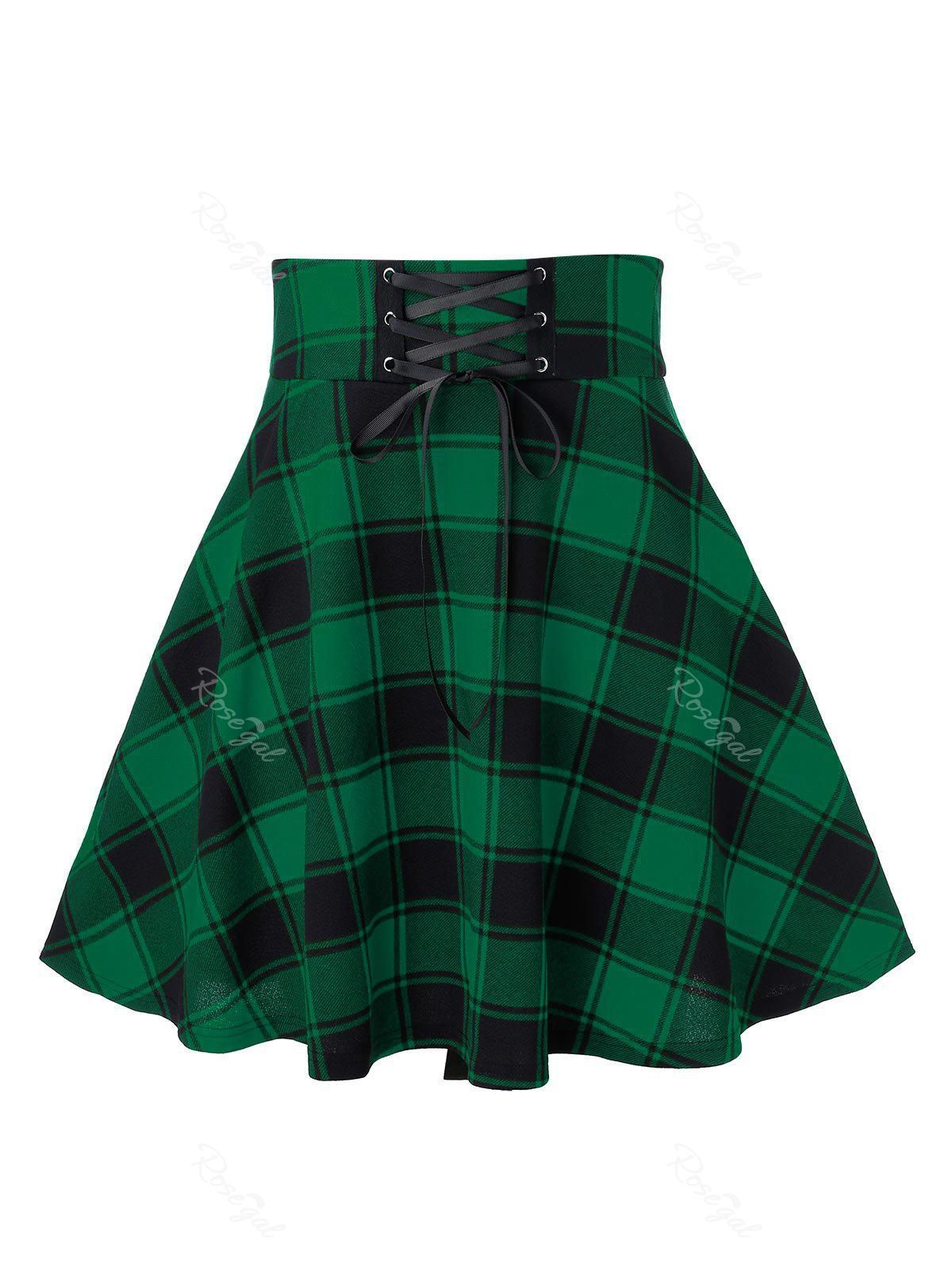 

Plus Size Plaid Lace Up A Line Skirt, Medium sea green