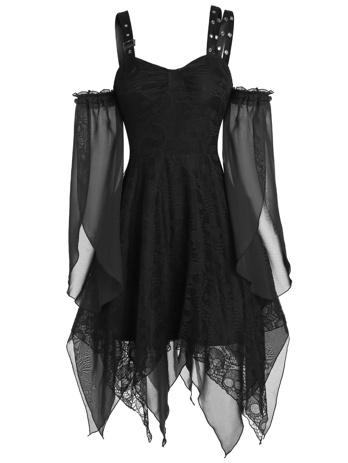 

Skull Lace Insert Cold Shoulder Handkerchief Gothic Dress, Black